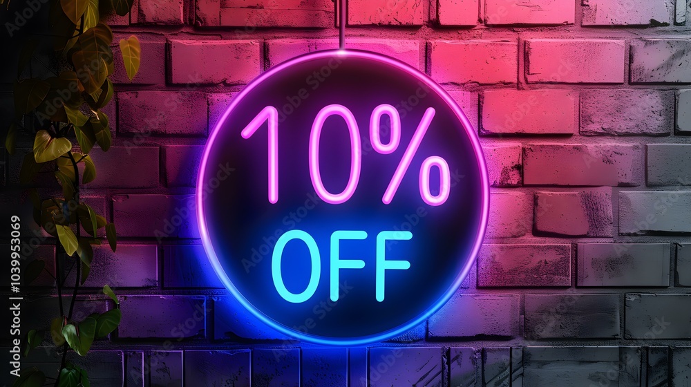 Multicolor Neon '10% OFF' Sign on a Brick Wall Multicolor Neon '10% OFF' Sign on a Brick Wall