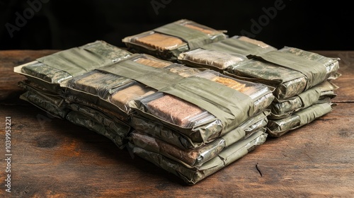 A stack of individually packaged military meals, or MREs, in camouflage packaging on a wooden table.