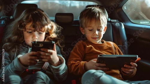 Two children are sitting in a car, each holding a cell phone. They are both looking at their phones, possibly texting or browsing the internet. Concept of boredom or restlessness