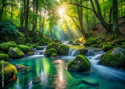 Emerald Forest Serenity: A Panoramic View of Tranquil Waters Over Mossy Stones
