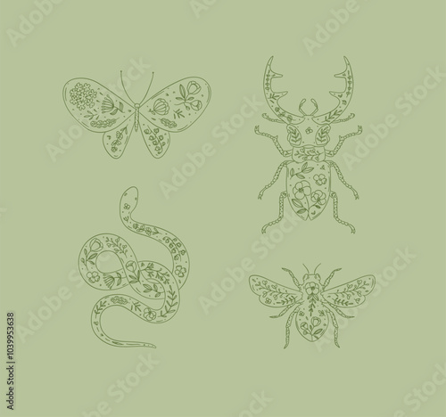 Obraz na płótnie Beetles elements stag beetle, snake, moth, insect drawing in floral style on green background w salonie