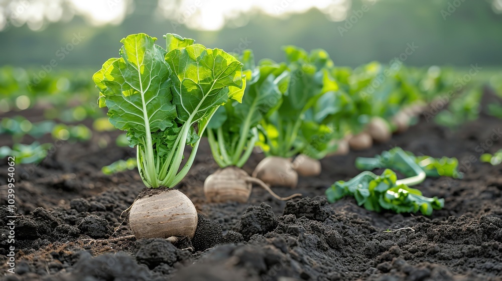 A close-up of a sugar beet root in a field in the lovely morning sunlight with enough of room for using as a textural backdrop, Generative AI. A close-up of a sugar beet root in a field in the lovely morning sunlight with enough of room for using as a textural backdrop, Generative AI.
