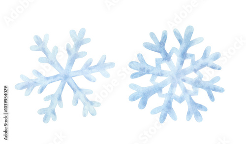 Set of blue snowflake on isolated background. Frozen crystal, symbol of winter. Hand drawn watercolor illustration. For design, cards, invitations, congratulations, packaging, printing, advertising.