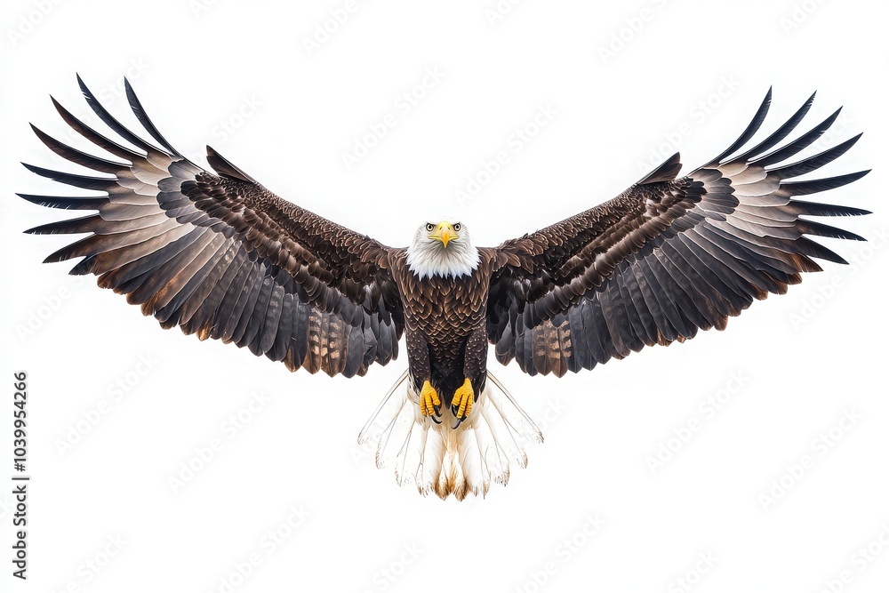 Obraz premium An impressive eagle is captured in mid-flight, showcasing its large, outstretched wings. The striking feathers and sharp beak reflect its powerful presence in a pristine setting.
