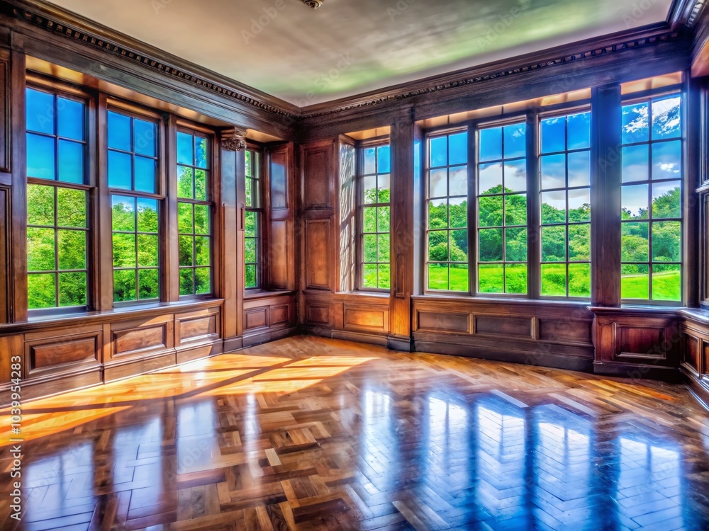 Fototapeta premium Empty Room with Dark Wood Paneling and Large Windows for Interior Design Inspiration