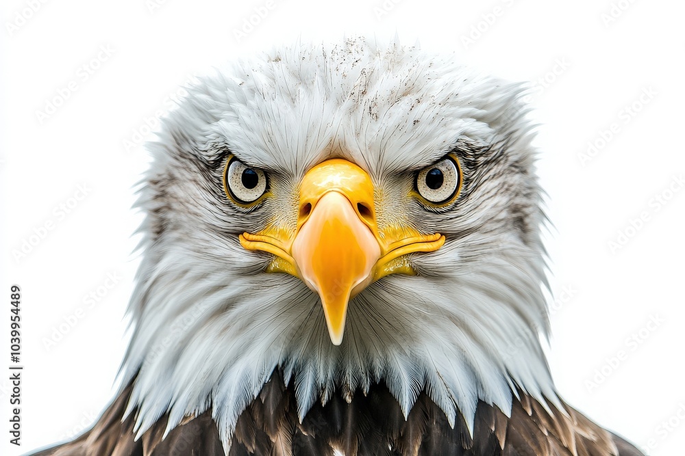 Fototapeta premium A majestic eagle stares directly at the viewer, showcasing its piercing eyes and detailed feathers. The isolated backdrop emphasizes the birds regal presence and sharp features.