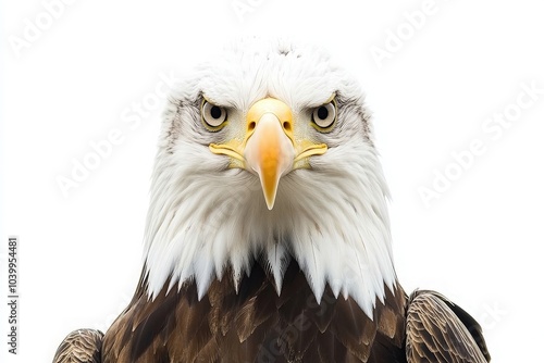 The eagle stands at the center, its piercing gaze directed forward, emphasizing its strength and majestic features. The pure white backdrop highlights its striking plumage and regal stance. photo