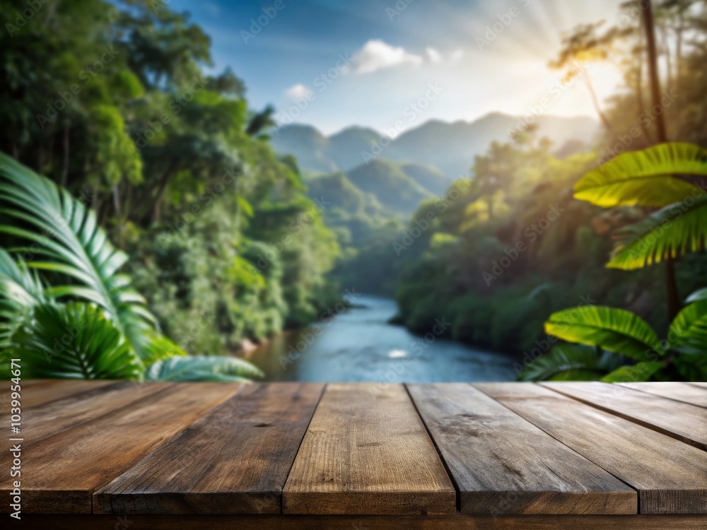 Empty Wooden Table in Lush Jungle with Bokeh Effect for Product Display Mockup Empty Wooden Table in Lush Jungle with Bokeh Effect for Product Display Mockup