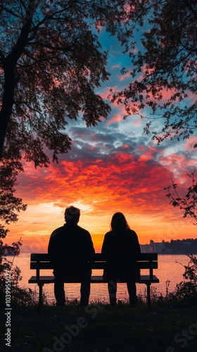 Couple Embraced by Sunset, silhouettes on a bench, vibrant sky hues, serene moment, intimate connection, tranquility in nature