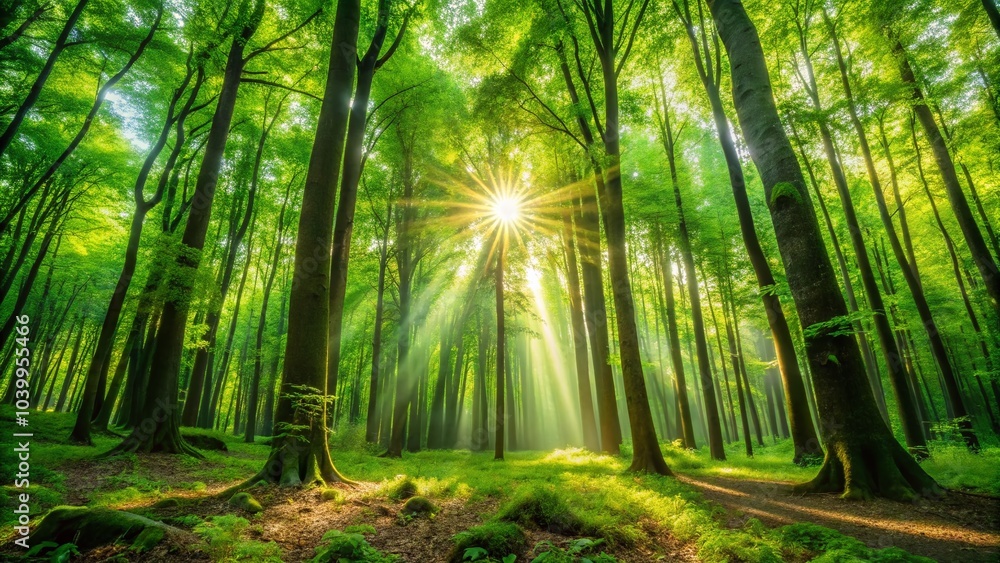 Obraz premium Enchanted Green Forest with Sunlight Filtering Through Tall Trees for Nature Lovers