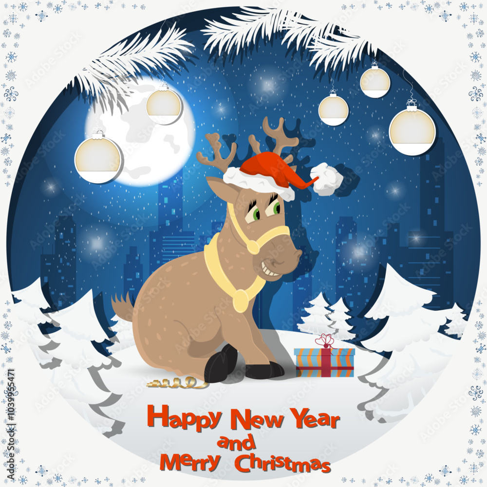 Illustration of the New Year and Christmas A deer in a Santa hat among the fir trees in the snow in a clearing Illustration of the New Year and Christmas A deer in a Santa hat among the fir trees in the snow in a clearing
