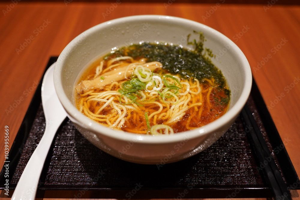 Yonakisoba is a Japanese ramen with a light soy sauce base. Yonakisoba is a Japanese ramen with a light soy sauce base.