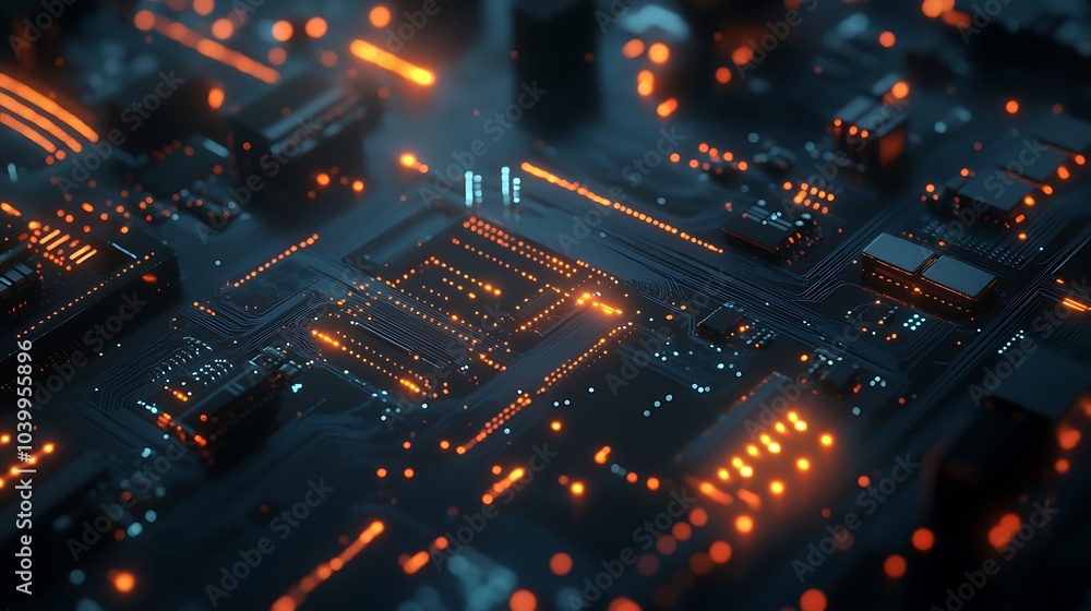 Future of electronics showcased through detailed 3D circuit board design. Future of electronics showcased through detailed 3D circuit board design.