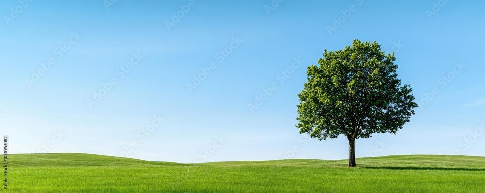 Obraz premium Lone tree on lush green grass under a clear blue sky.