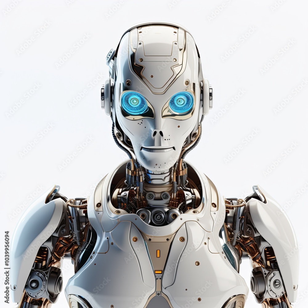 White humanoid robot with blue illuminated eyes on white background. Studio 3D rendering. White humanoid robot with blue illuminated eyes on white background. Studio 3D rendering.