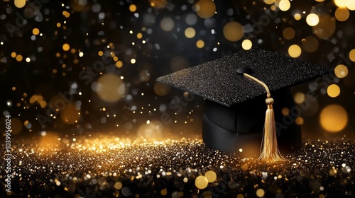 Close-up of black graduation cap with gold tassel on glittery surface, dark background emphasizing celebratory mood.