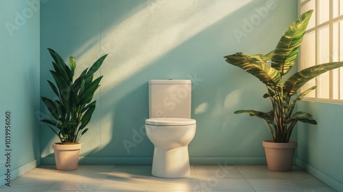 Modern Bathroom with White Toilet, Light Blue Walls, and Light-Colored Tile Floor, Featuring Potted Plants and Natural Light.