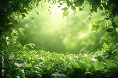 Tranquil forest scene with vibrant greenery and delicate flowers during a sunny morning