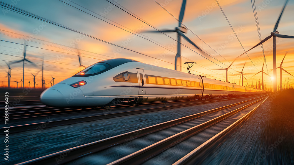 Fototapeta premium A high speed train travels past wind turbines at sunset, showcasing blend of modern transportation and renewable energy. scene captures essence of sustainable travel
