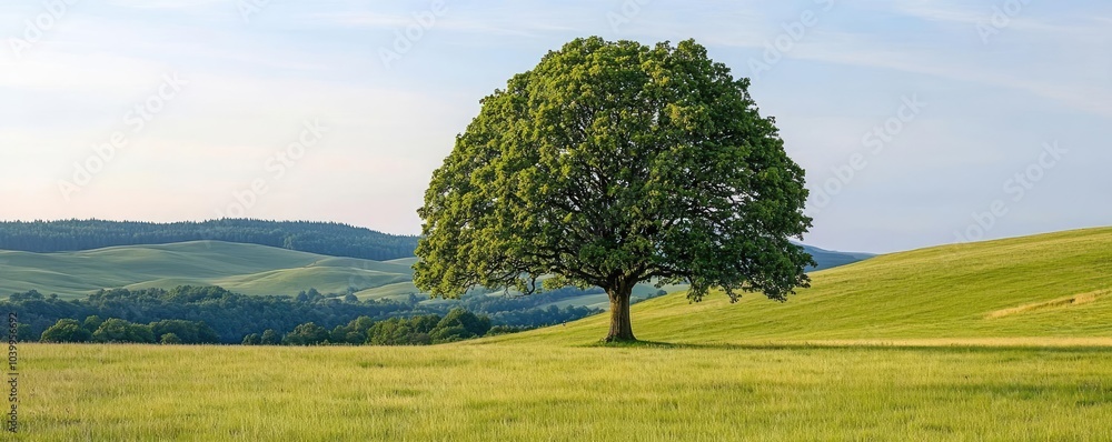Lush green solitary tree on a hill during sunset, serene landscape. Lush green solitary tree on a hill during sunset, serene landscape.