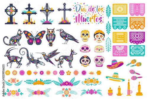 large set elements Mexican day of the dead with skeletons of animals with flowers, botanical floral borders, altars with crosses grave, sugar skulls and papel picado isolated on a white background