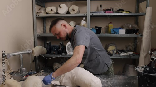 Leg modeling, Prosthetic innovations, Workspace crafting. In professional workshop, man shapes plaster model for prosthetic leg designed for hip disarticulation. photo