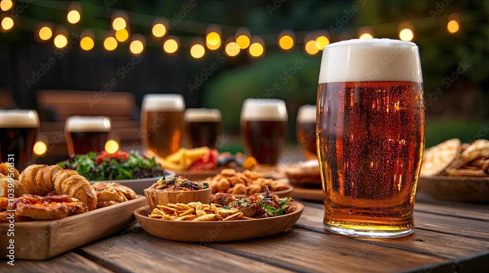 A refreshing beer with delicious food on a festive table, illuminated by string lights. A refreshing beer with delicious food on a festive table, illuminated by string lights.