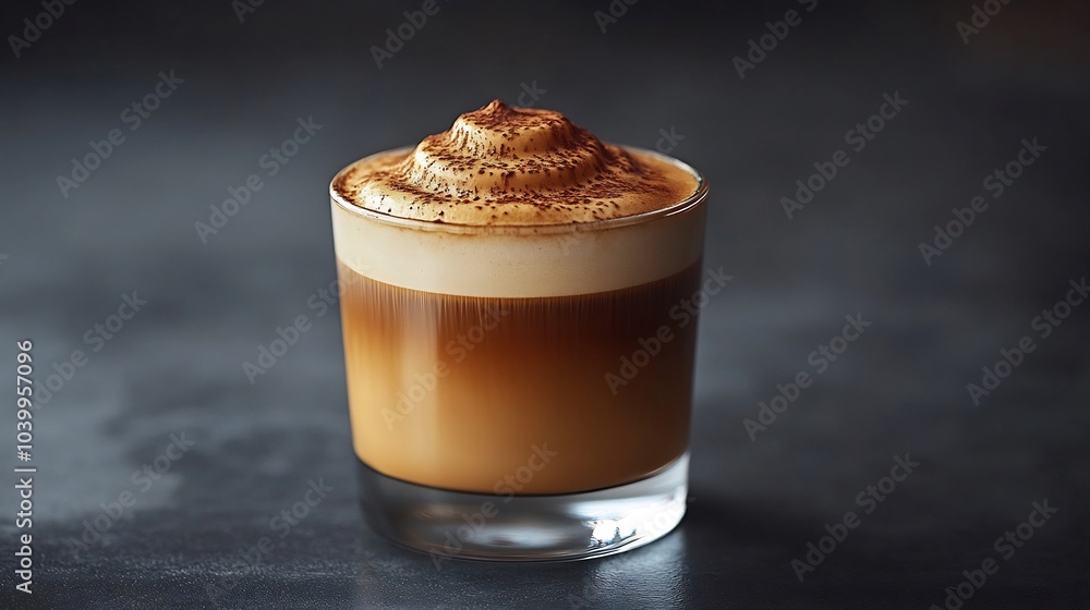 Frothy dalgona coffee a clear glass featuring a velvety coffee foam on top all set against a muted grey background capturing the trend in a stylish minimalist way with text space Frothy dalgona coffee a clear glass featuring a velvety coffee foam on top all set against a muted grey background capturing the trend in a stylish minimalist way with text space