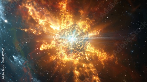 A powerful supernova explosion occurs as particles collide and release an extraordinary amount of energy. photo