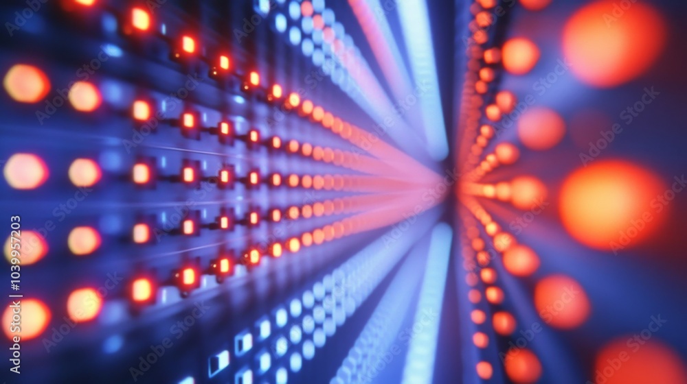 Vibrant Close-Up of Server Rack with Grid-Like Red and Blue LED Lights, Creating Futuristic Technological Mood Vibrant Close-Up of Server Rack with Grid-Like Red and Blue LED Lights, Creating Futuristic Technological Mood