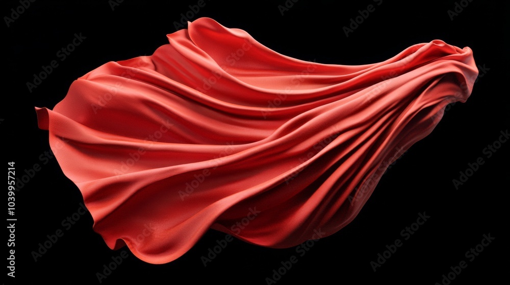 Dynamic red silky fabric in motion against black background with deep color contrast and flowing texture, viewed from low angle. Dynamic red silky fabric in motion against black background with deep color contrast and flowing texture, viewed from low angle.