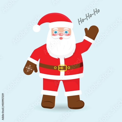 Santa Claus. Vector illustration of a cheerful cute Santa Claus waving his hand with the inscription Ho-Ho-Ho.
