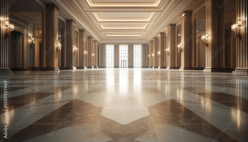 Naklejka premium Elegant interior of a grand hall with polished marble floor and tall columns, featuring soft ambient lighting.