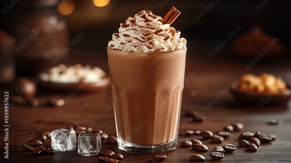 Fulllength view of delicious coffee milkshake glass topped whipped cream ice cubes and a cinnamon stick Surrounding the glass are coffee beans chocolate sauce and water droplets for a refreshing look Fulllength view of delicious coffee milkshake glass topped whipped cream ice cubes and a cinnamon stick Surrounding the glass are coffee beans chocolate sauce and water droplets for a refreshing look