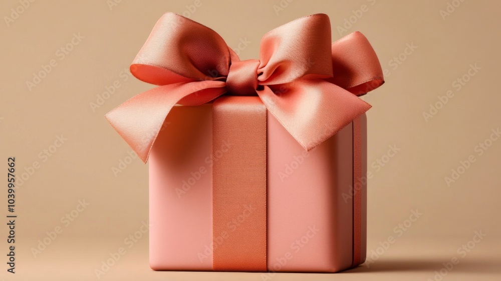 Obraz premium Elegant Light Pink Gift Box with Large Bow on Plain Beige Background - Minimalistic and Stylish Aesthetic