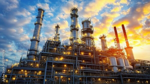 Industrial Power Plant at Sunset with Dramatic Clouds