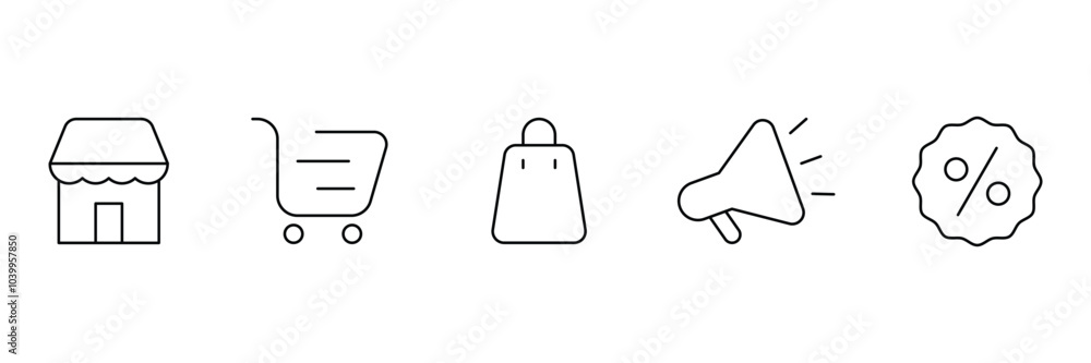 Set of web Marketplace shop store icon collection. Promotion loudspeaker, Sale badge, percent, Shopping bag symbol. Vector Illustration. Set of web Marketplace shop store icon collection. Promotion loudspeaker, Sale badge, percent, Shopping bag symbol. Vector Illustration.