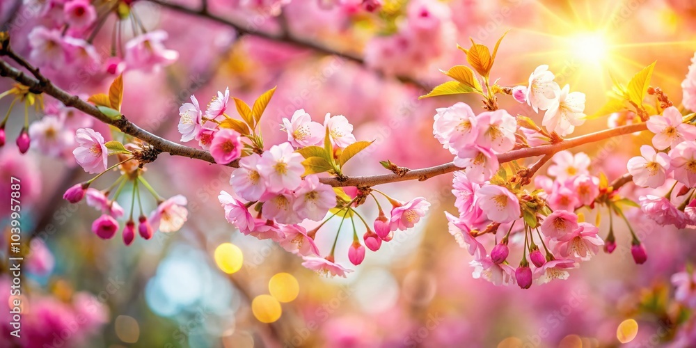 Obraz premium Enchanting Sakura Kanzan Tree in a Japanese Garden During Hanami Festival with Bokeh Effect and Sunlit Pink Blossoms