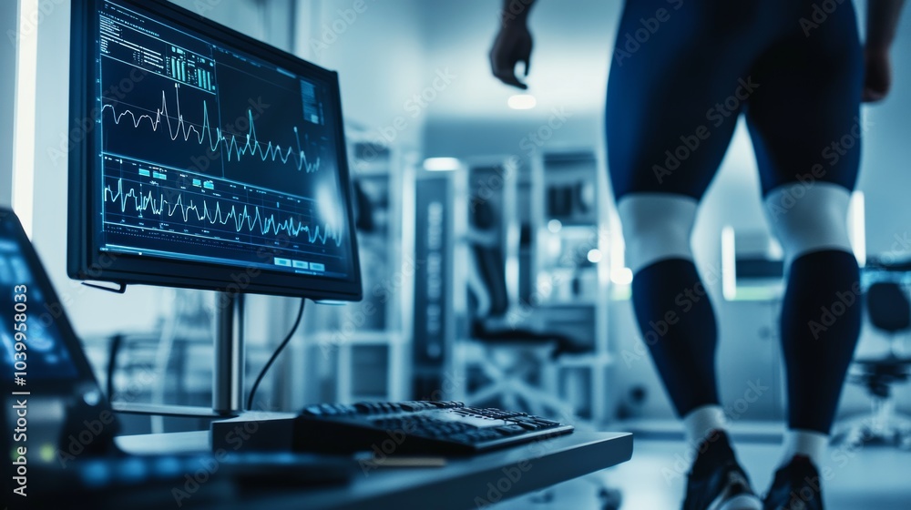 A high-tech sports performance laboratory with athlete biometrics and performance analysis tools, Sports style, photo of A high-tech sports performance laboratory with athlete biometrics and performance analysis tools, Sports style, photo of