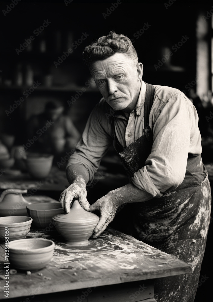 A skilled potter works intently at a spinning wheel, shaping clay into pottery. The black-and-white photograph emphasizes the craft, artistry, and concentration involved in traditional pottery-making. A skilled potter works intently at a spinning wheel, shaping clay into pottery. The black-and-white photograph emphasizes the craft, artistry, and concentration involved in traditional pottery-making.