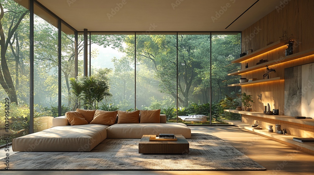 Fototapeta premium Modern Beige Living Room with Plush Couch and Green View
