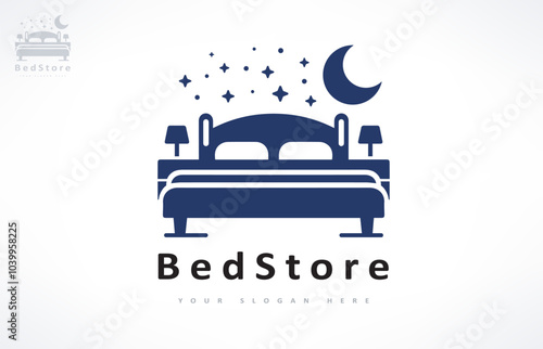 Bed store logo. Bed with pillows, stars and the moon logo vector design. The night sky