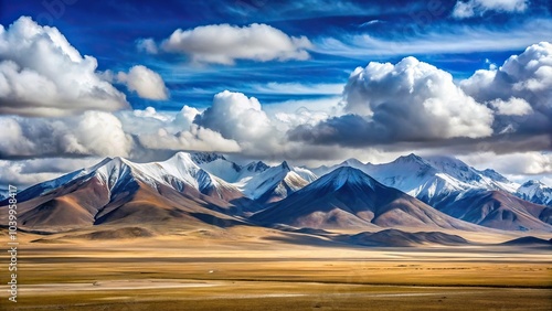 Close-up view of majestic Imperial mountains and fluffy clouds in Tibet Qinghai province photo