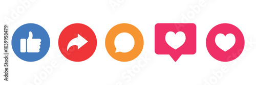 Set of Like, comment, share icon collection. Thumbs up, Social media notification, love heart, reactions symbol Vector Illustration.