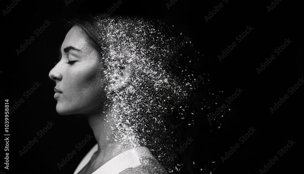 Abstract image of a person's profile with head disintegrating into particles, symbolizing evanescence or mental health Abstract image of a person's profile with head disintegrating into particles, symbolizing evanescence or mental health