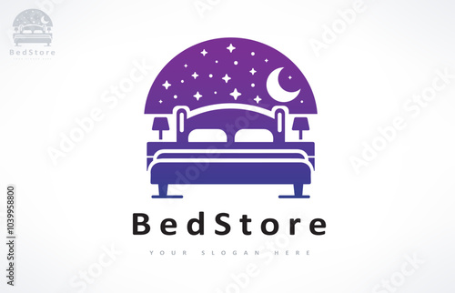 Bed store logo. Bed with pillows, stars and the moon logo vector design. The night sky