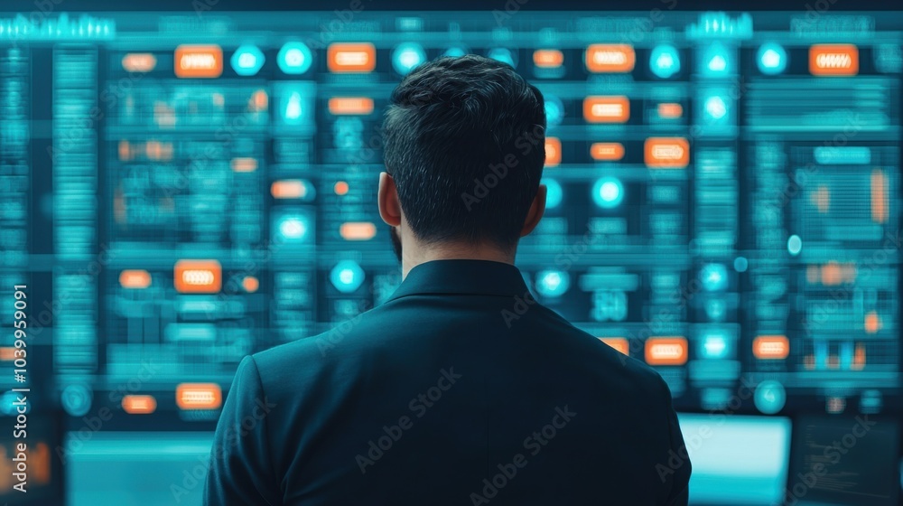 A person analyzes data on multiple screens, immersed in a high-tech environment illuminated by vibrant blue and orange displays. A person analyzes data on multiple screens, immersed in a high-tech environment illuminated by vibrant blue and orange displays.