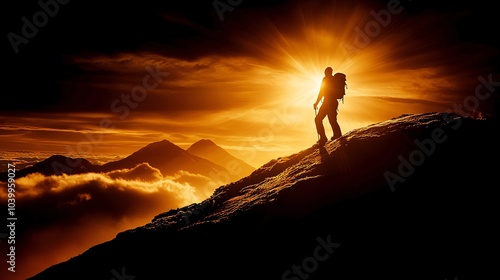 A person hiking up a steep trail with focused determination symbolizing overcoming obstacles and achieving personal goals Stock Photo with side copy space
