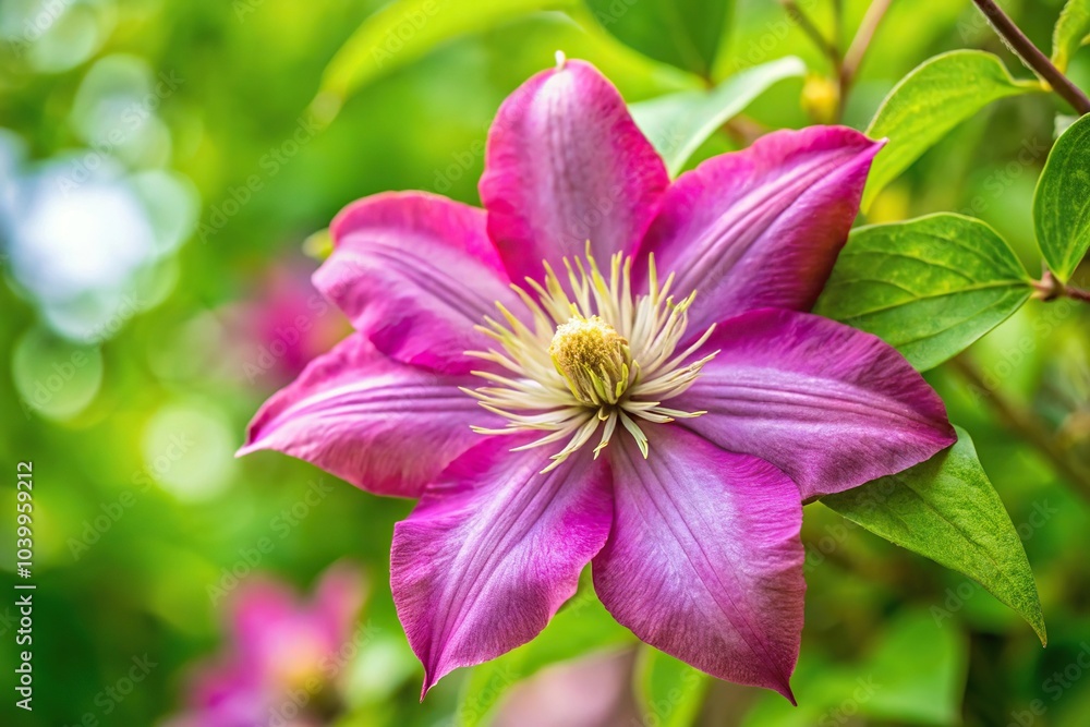 Closeup view of pink clematis flower and green leaves against a blue sky Closeup view of pink clematis flower and green leaves against a blue sky