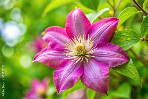 Closeup view of pink clematis flower and green leaves against a blue sky